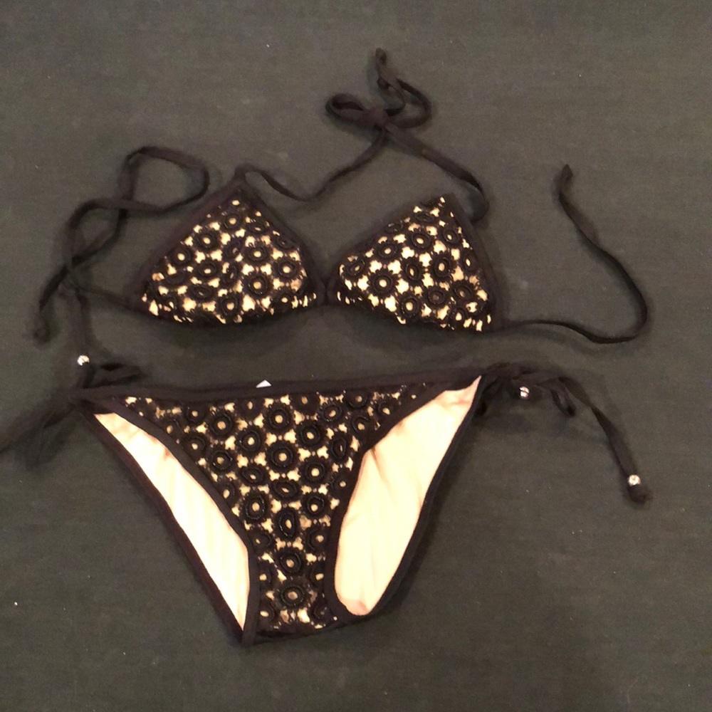 Girls black swim bathing suite beads accents